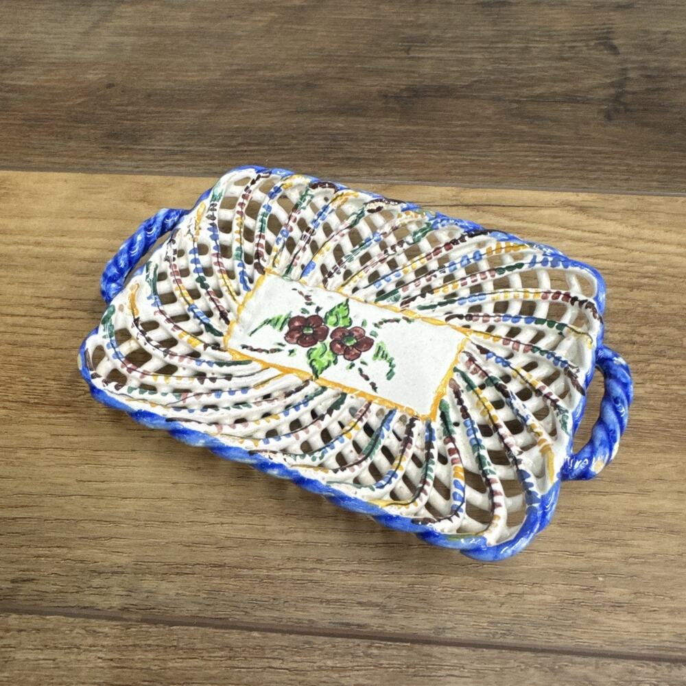 Spanish Ceramic Rope Trinket Dish Painted Floral Blue Multi; Vintage